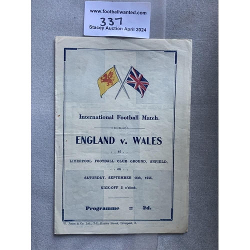 337 - 1944 England v Wales At Liverpool Football Programme: Full International played at Anfield on 16 9 1... 