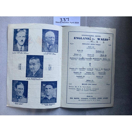 337 - 1944 England v Wales At Liverpool Football Programme: Full International played at Anfield on 16 9 1... 