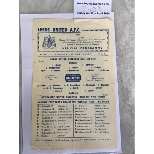 340A - 46/47 Leeds Reserves v Newcastle Football Programme: Single sheet dated 11 1 1947 with no team chang... 