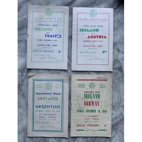 376 - Republic Of Ireland Home Football Programmes: 1950 Norway sof, 1951 Argentina small tear on spine, 1... 