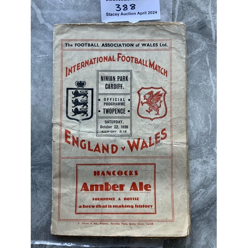 388 - 1938 Wales v England Football Programme: Played at Ninian Park. Staple missing creasing team changes... 