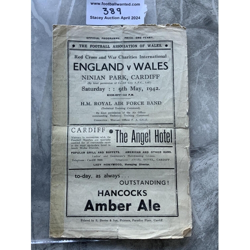 389 - 1942 Wales v England Football Programme: Played at Ninian Park. 4 pager is a bit tatty with tape and... 