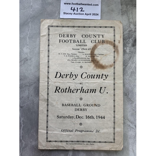 412 - 44/45 Derby County v Rotherham Football Programme: Four page league match dated 16 12 1944. No team ... 