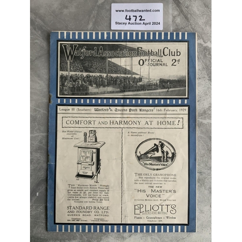 472 - 28/29 Watford v QPR Football Programme: Good condition division 3 match with team changes. Rusty sta... 