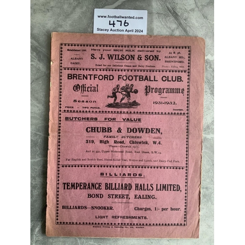 476 - 31/32 Brentford v QPR Football Programme: Fair condition division 3 match with no team changes. Spin... 