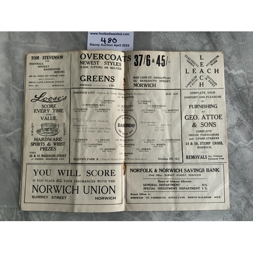 480 - 33/34 Norwich City v QPR Football Programme: Fair/good condition division 3 match with no team chang... 