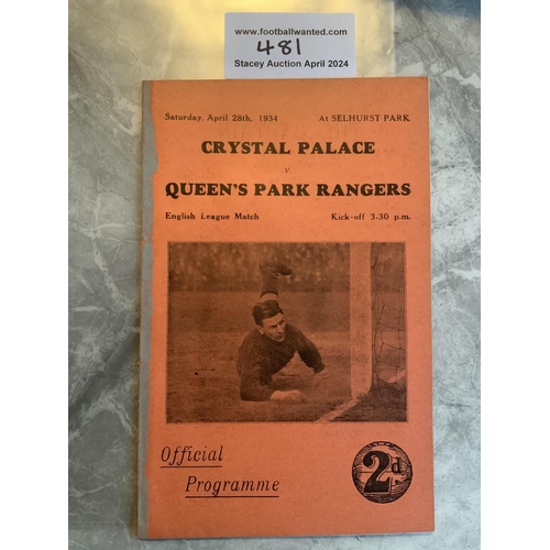 481 - 33/34 Crystal Palace v QPR Football Programme: Fair condition division 3 match with no team changes.... 