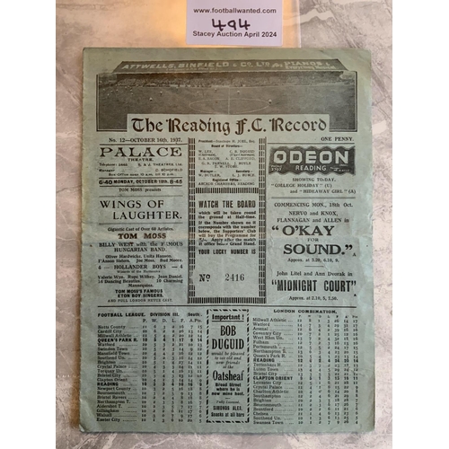 494 - 37/38 Reading v QPR Football Programme: Good condition division 3 match with no team changes. Fold.