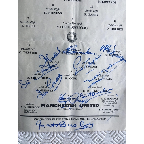 523 - 1958 Manchester United Signed FA Cup Final Programme: Signed to team page by 9 players plus Matt Bus... 