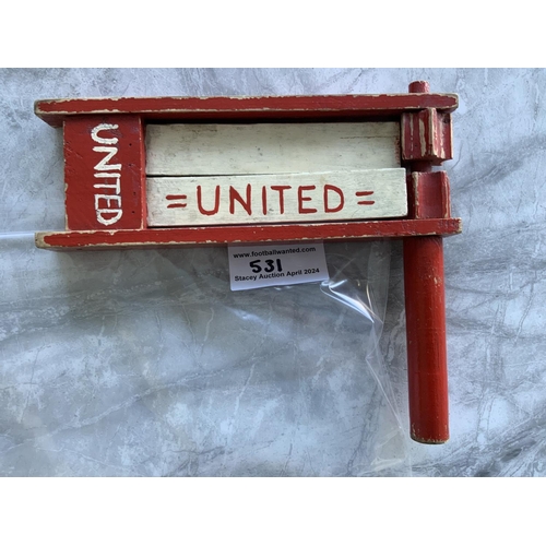 531 - Manchester United Old Wooden Football Rattle: Red and white with Manchester United painted on one si... 