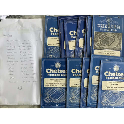 597 - Chelsea 1950s Football Programmes: 14 homes from 1952 to 1960 the oldest one having punch holes. 5 a... 