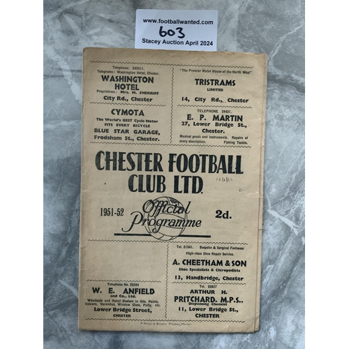 603 - 51/52 Chester v Chelsea FA Cup Football Programme: Replay dated 16 1 1952 which has been lightly wri... 