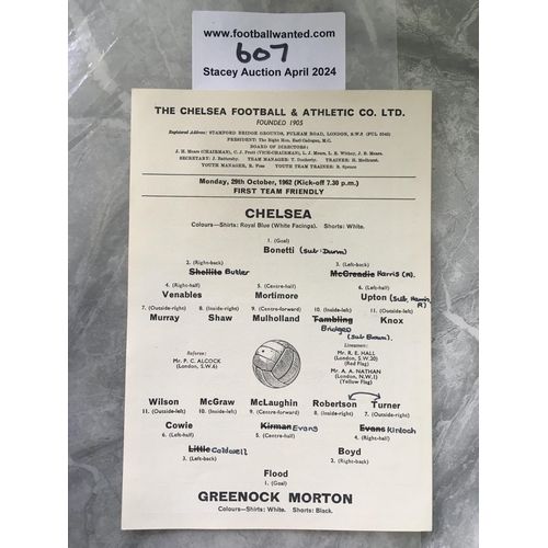 607 - 62/63 Chelsea v Morton Football Programme: Single sheet friendly in good condition with team changes... 