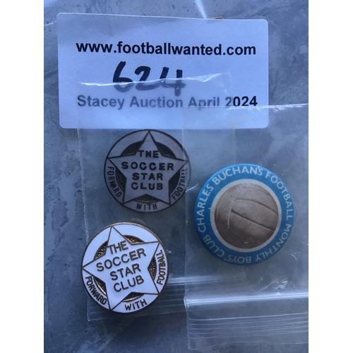 624 - Soccer Star + Charles Buchan Football Magazine Badges: Two slightly different Soccer Star Club pin b... 