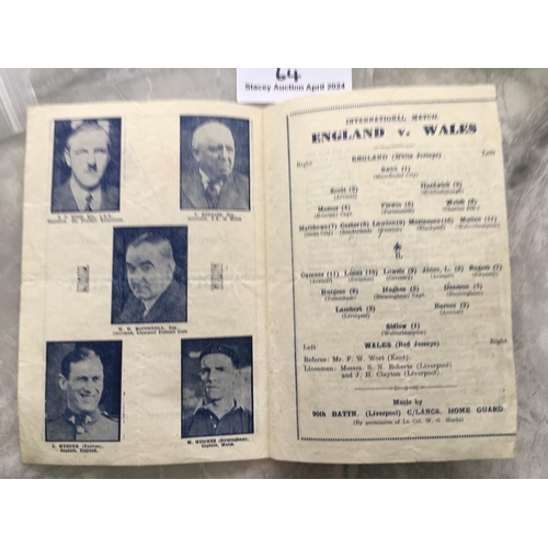 64 - 1944 England v Wales Football Programme: Full International played at Liverpool. 4 pager appears to ... 