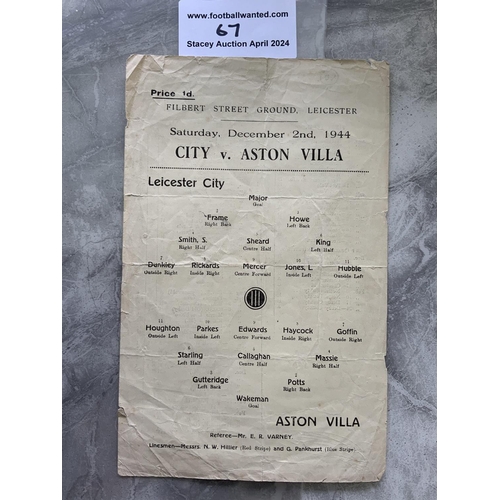 67 - 44/45 Leicester City v Aston Villa Football Programme: Single sheet dated 2 12 1944. Scribble to rea... 