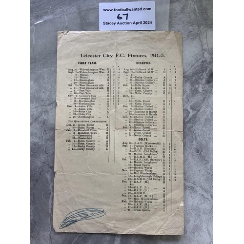 67 - 44/45 Leicester City v Aston Villa Football Programme: Single sheet dated 2 12 1944. Scribble to rea... 