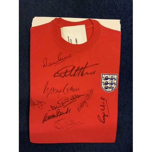 71 - England 1966 World Cup Fully Signed Football Shirt + Cards: Red replica shirt that was previously fr... 