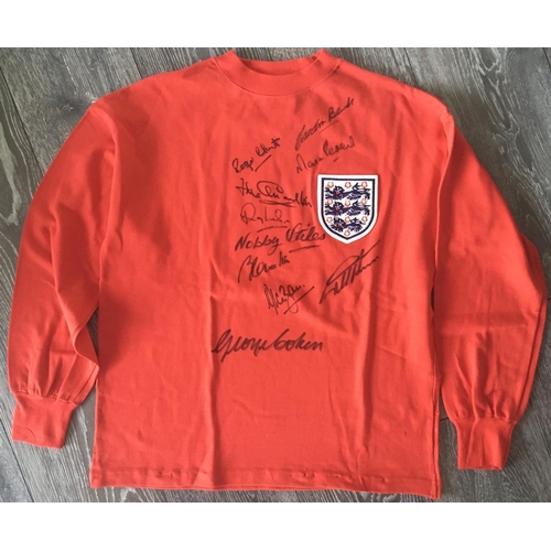 78 - England 1966 World Cup Signed Football Shirt: Red long sleeve shirt exact replica of the one they wo... 