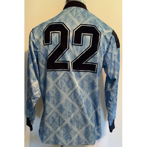 9 - England 1990 World Cup Match Issued + Signed Football Shirt: Umbro XL long sleeve blue patterned goa... 