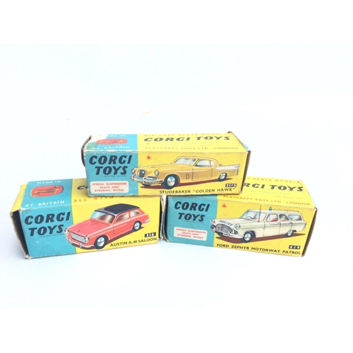 179 - 3 Boxed Corgi Vehicles. A Austin A.40 Saloon #216. A Ford Zephyr Motorway Patrol #429 and a Studebre... 