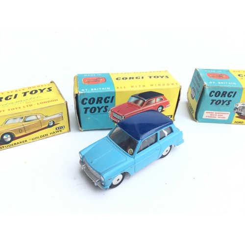 179 - 3 Boxed Corgi Vehicles. A Austin A.40 Saloon #216. A Ford Zephyr Motorway Patrol #429 and a Studebre... 