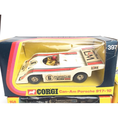 34 - 3 Boxed Corgi Racing Cars. A Can-Am Porsche #397. A Whzzwheels Surtees T.s. F1 Car #150 and a UOP Sh... 