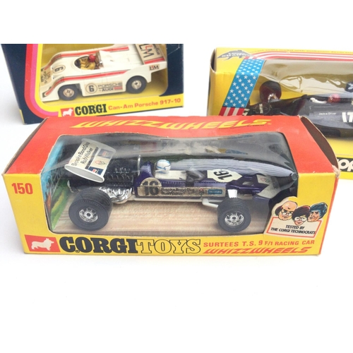 34 - 3 Boxed Corgi Racing Cars. A Can-Am Porsche #397. A Whzzwheels Surtees T.s. F1 Car #150 and a UOP Sh... 