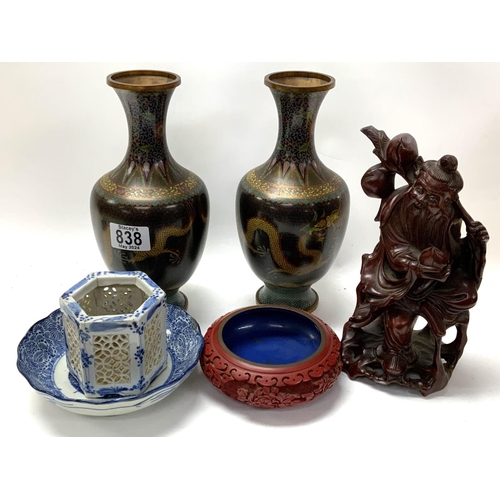 838 - Mixed oriental lot, a pair of Chinese Bronze CloisonnÃ© vases, Carved wooden deity figure, carved ci... 