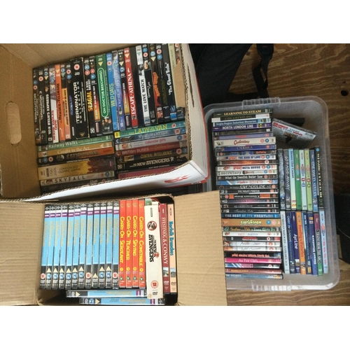 153 - Five boxes of DVDs, various films and TV series.