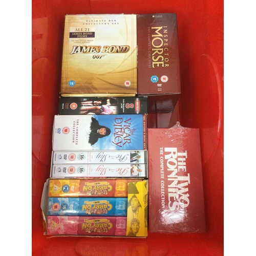 155 - A box of DVD box sets including Sherlock Holmes, James Bond, Thunderbirds and others.
