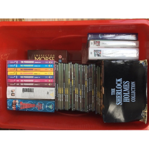 155 - A box of DVD box sets including Sherlock Holmes, James Bond, Thunderbirds and others.