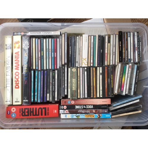 71 - Five boxes of CDs, DVDs and VHS tapes. Artists include John Lee Hooker, Arctic Monkeys, Bon Jovi and... 
