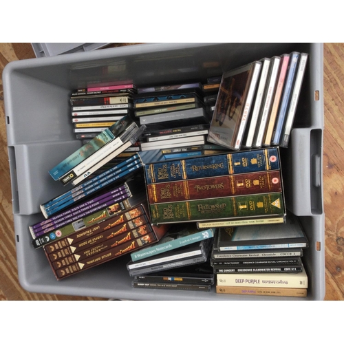 86 - Four boxes of CDs and DVDs by various artists including King Crimson, Led Zeppelin, John Mayall, Dee... 