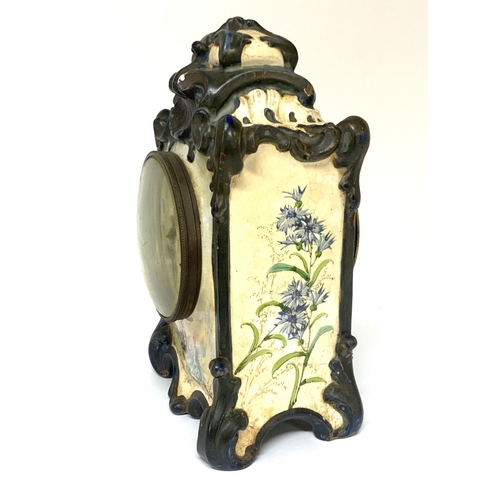 1000 - A French pottery clock with hand painted panels, 27cm x 15cm x 9cm