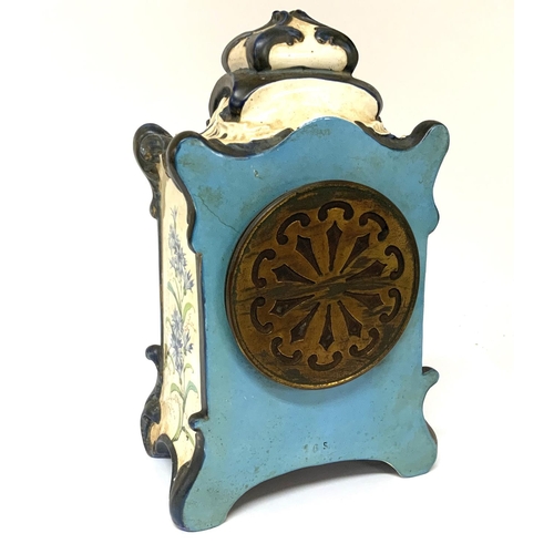 1000 - A French pottery clock with hand painted panels, 27cm x 15cm x 9cm