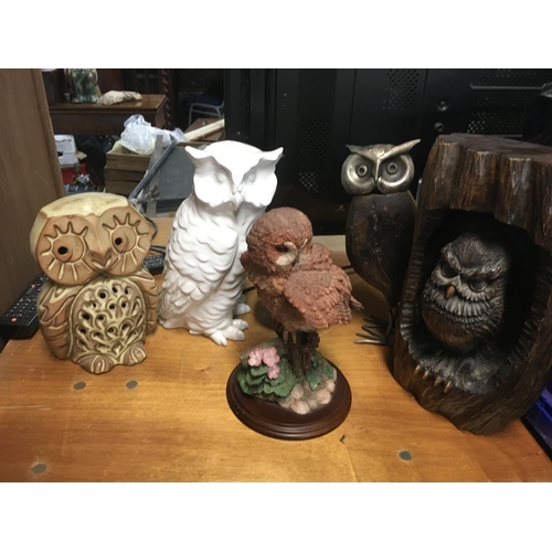 1024 - A collection of large owl figures including ceramic, wooden and other examples. This lot cannot be p... 