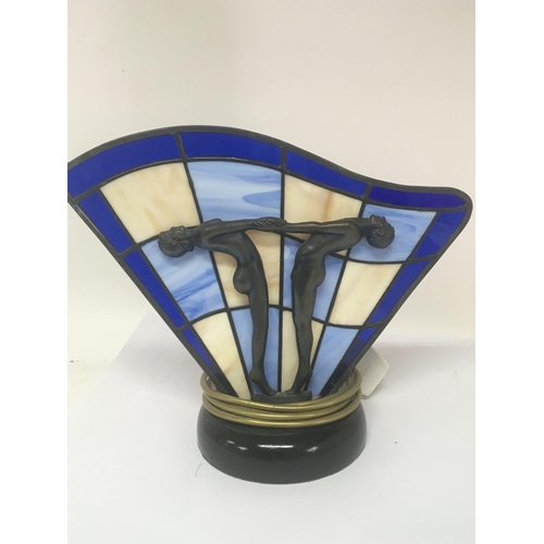 1053 - An Art Deco design table lamp stained glass with Art Deco lady figures. Fitted for electric. Very go... 