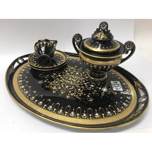 1124 - A Swedish earthenware black glazed tea set with jewelled decoration (no cups)