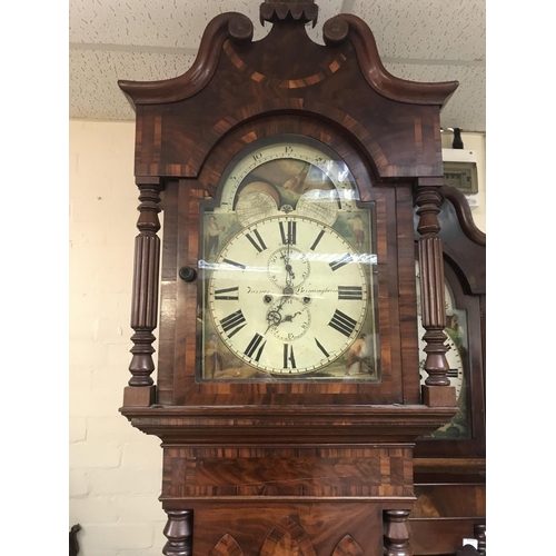 1213 - A 19 century mahogany moon roller long cased clock. Approximately 245cm tall.