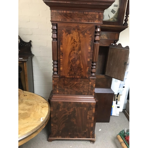 1213 - A 19 century mahogany moon roller long cased clock. Approximately 245cm tall.