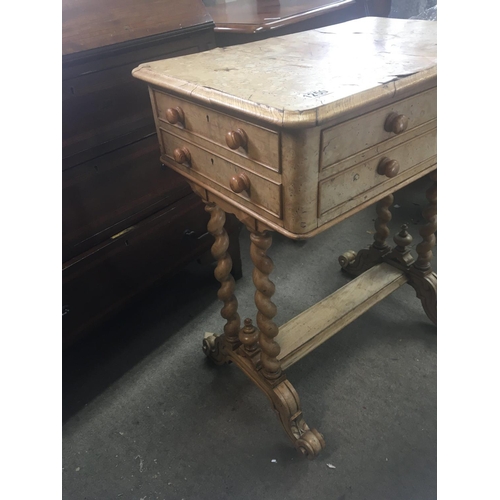 1250 - A Victorian satin burr walnut occasional table with side drawers and freeze drawers on barley twist ... 