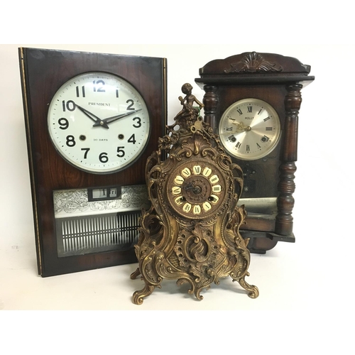 1286 - A brass ornate mantle clock (40cm tall) and two wall clocks, President and Holly. This lot cannot be... 