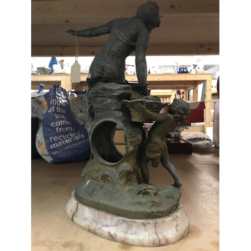 1296 - A cast iron clock case in the form of a maiden and child holding basket, on a marble base