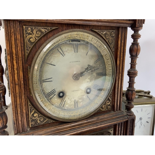 1305 - 4 various clocks. Victorian Oak mantle clock, Brass carriage clock, Kundo anniversary clock, chrome ... 