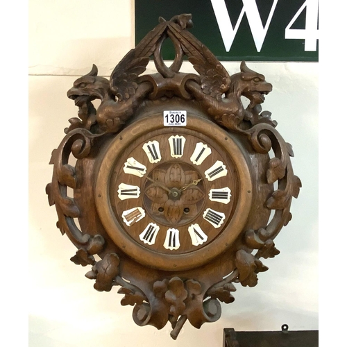 1306 - A 19thC Black Forest oak carved oak wall clock. (D)