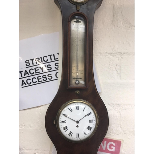 1331 - A Georgian mahogany barometer inset with thermometer box and an enamel dial clock