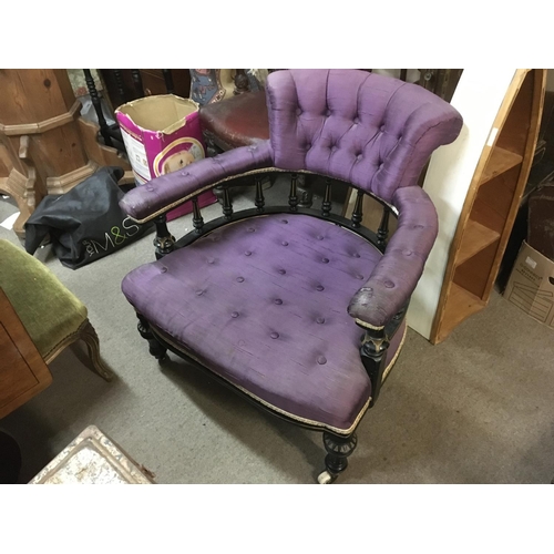 1359 - A Victorian open arm chair with lavender upholstery and ebonize wood body. width 75cm height 75cm