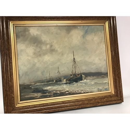 1411 - A framed oil on board depicting cockle boats in Leigh creek .signed Vic Ellis . 46 x 36 cm