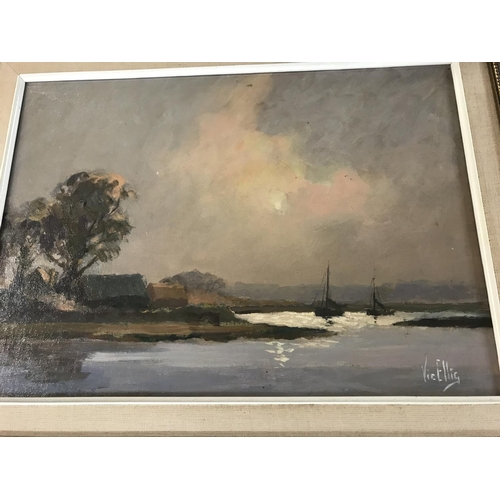 1424 - A framed oil on board by Vic Ellis depicting Barling Greek. 34 cm x25